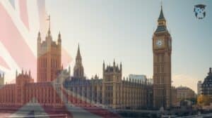 UK Parliament with Flag and StudyAML Logo